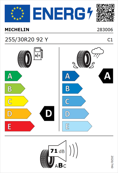 Tyre Label for Michelin Pilot Sport 4 S 255/30R20 92Y