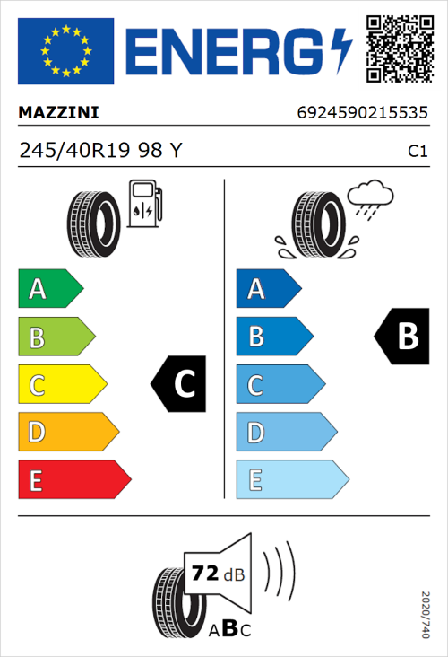 Tyre Label for Mazzini Varenna S01 245/40R19 98Y