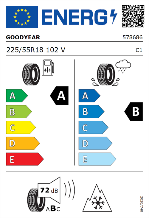 Tyre Label for Goodyear Vector 4Seasons Gen-3 225/55R18 102V