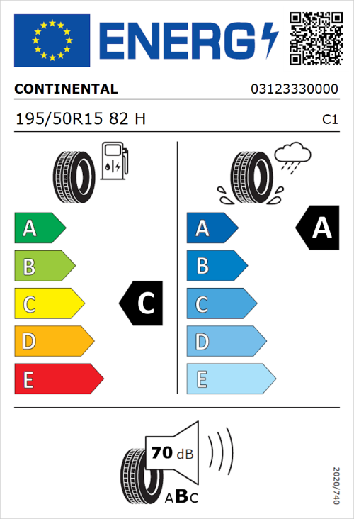 Tyre Label for Continental UltraContact 195/50R15 82H
