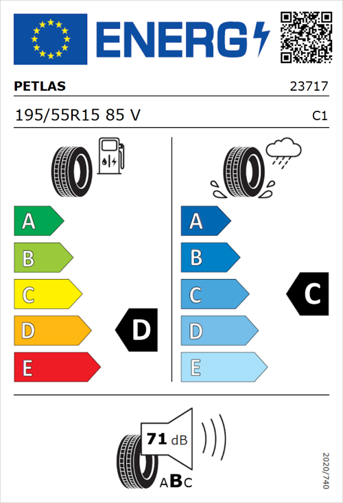 Tyre Label for Petlas Velox Sport PT741 195/55R15 85V