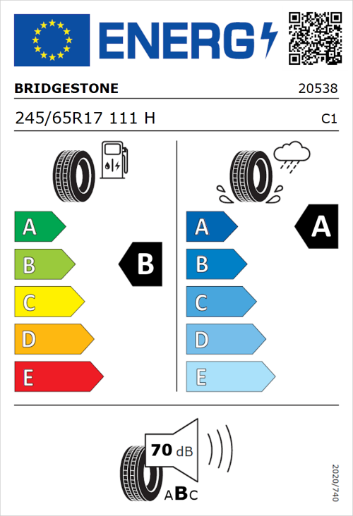 Tyre Label for Bridgestone Turanza 6 245/65R17 111H