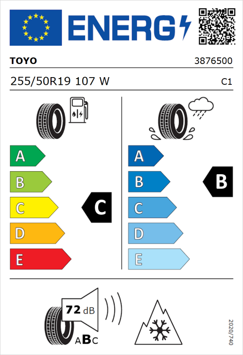 Tyre Label for Toyo Celcius AS2 255/50R19 107W