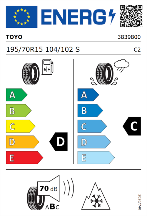 Tyre Label for Toyo NANOENERGY VAN 195/70R15 104/102S
