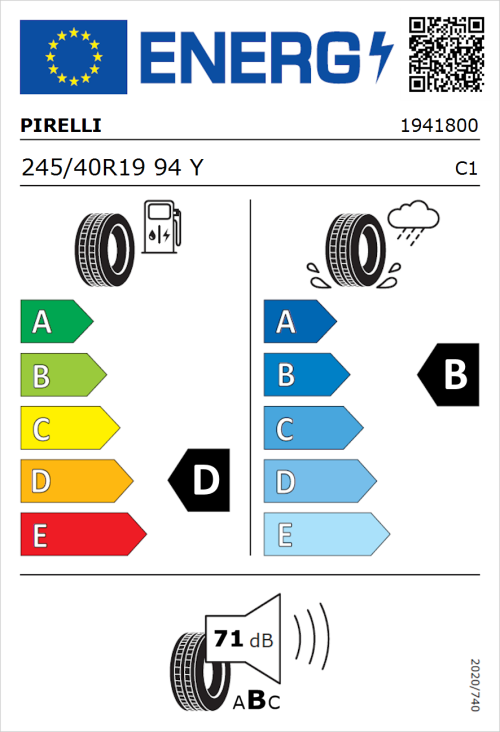 Tyre Label for Pirelli P ZERO Run Flat 245/40R19 94Y